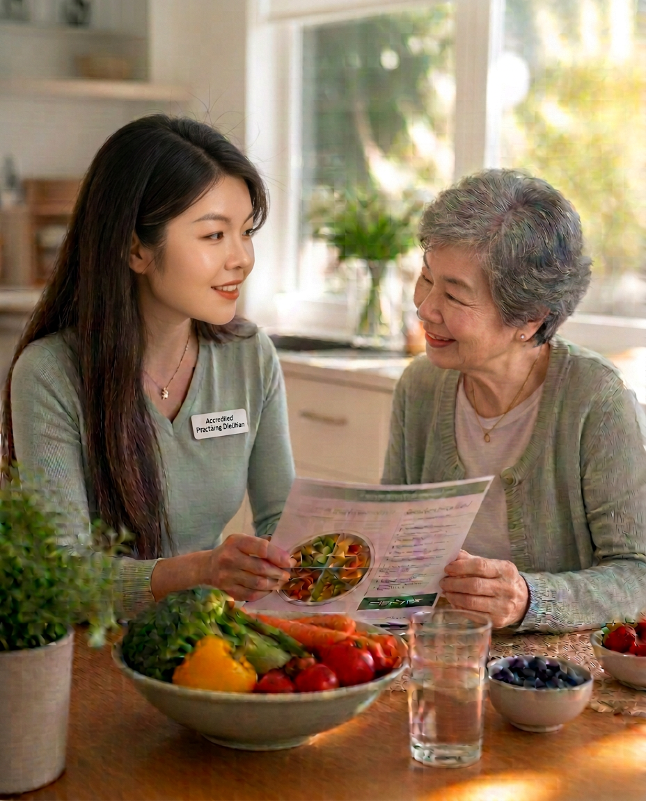 Accredited Practising Dietitian visiting an older adult client at home, reviewing a meal plan together at the kitchen table