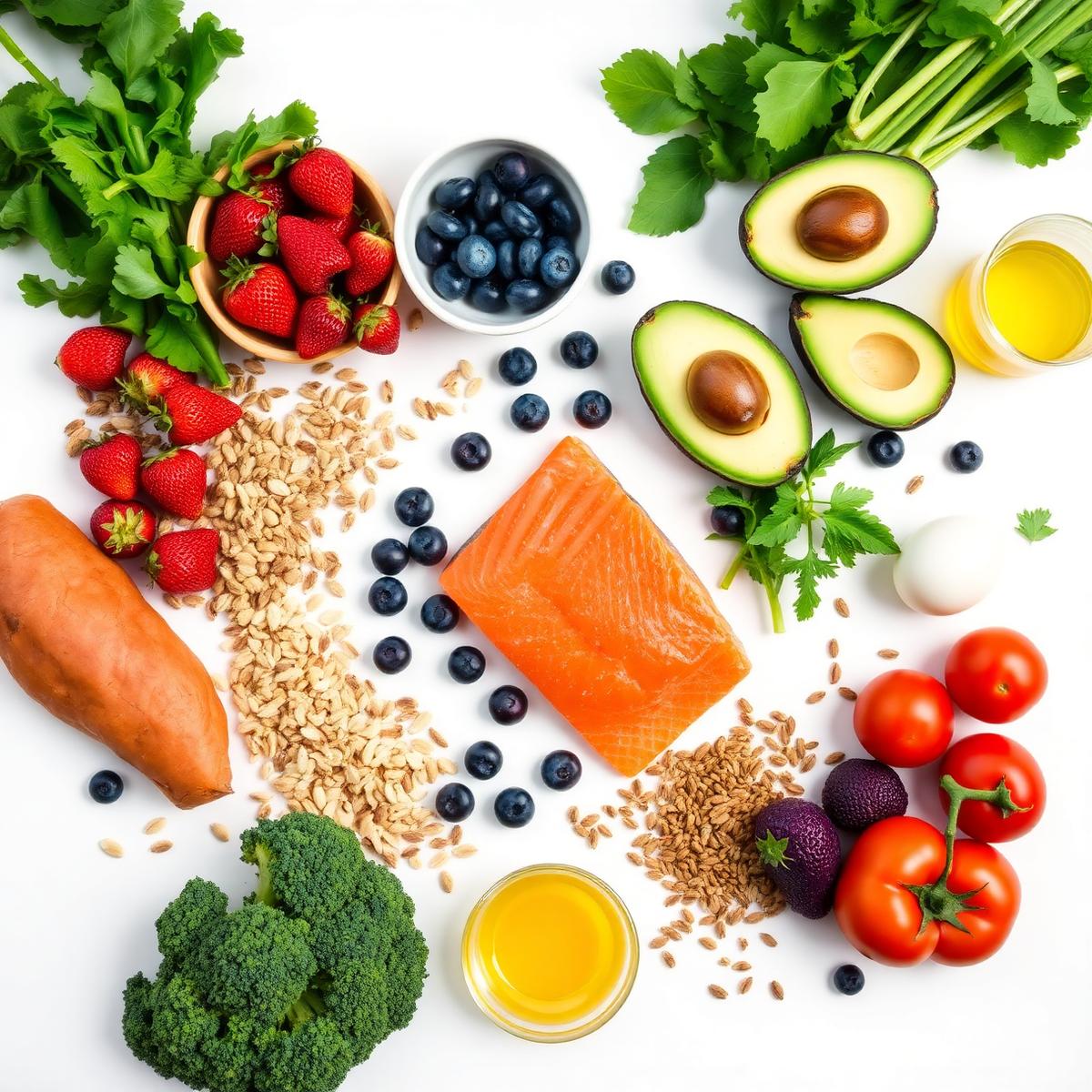 Overhead flat-lay of colourful nutritious whole foods including leafy greens, salmon, avocado, berries, wholegrains and vegetables